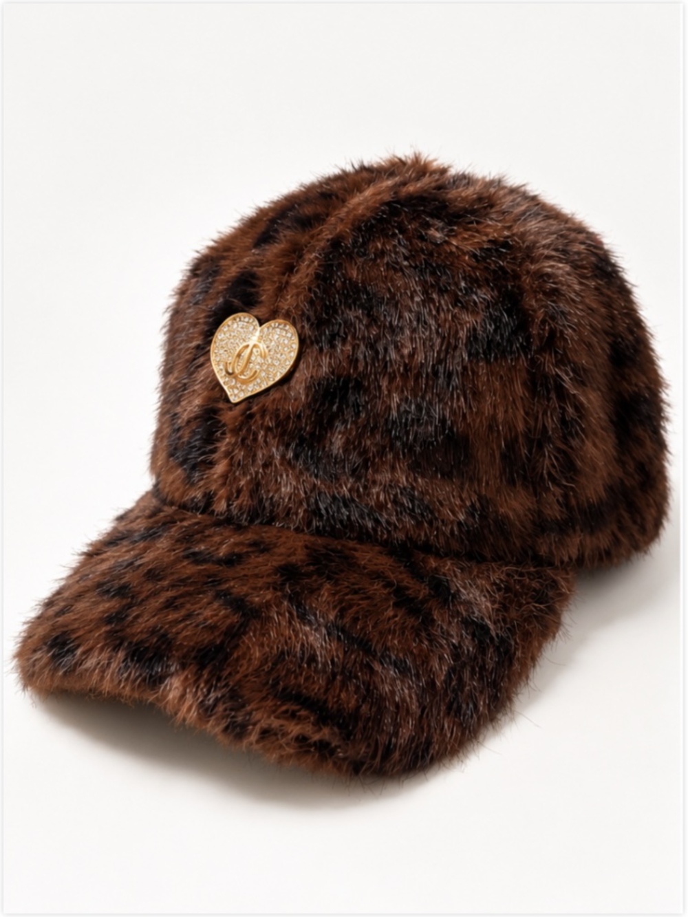 Juicy Couture Faux Fur Leopard Baseball Cap Brown Rhinestone Heart One Size NWT